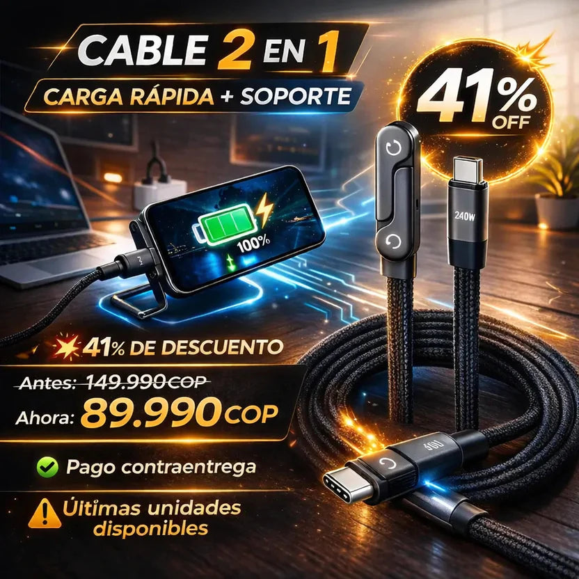 ⚡ Cable de Carga Ultra Rápida Con Soporte Invisible 2 en 1